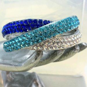 Rhinestone Blue Aqua Clear Crystal Bangle Cuff Bracelet Oval Hinged L/XL size